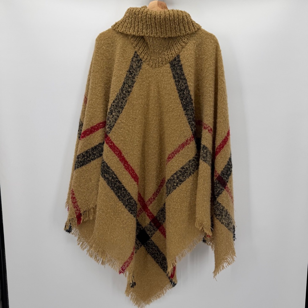 Womens Plaid Poncho Wrap Turtleneck Fringe Knit Camel Black Red One Size